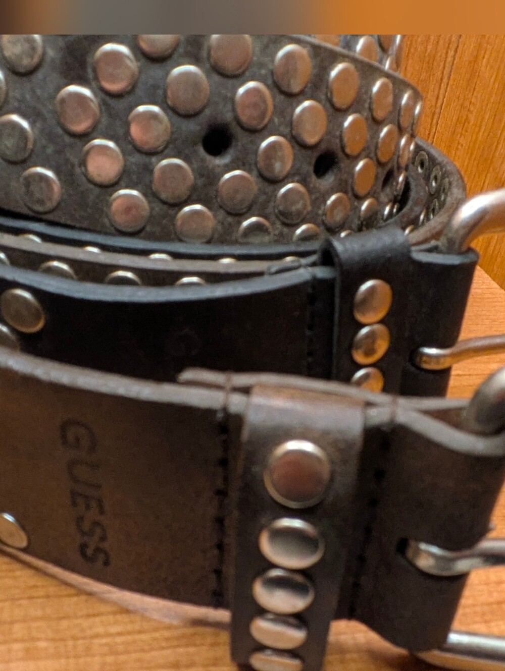 VTG Guess Studded Genuine Leather Belt Lot 34 Y2K Grunge Punk Solid Brass 2pc